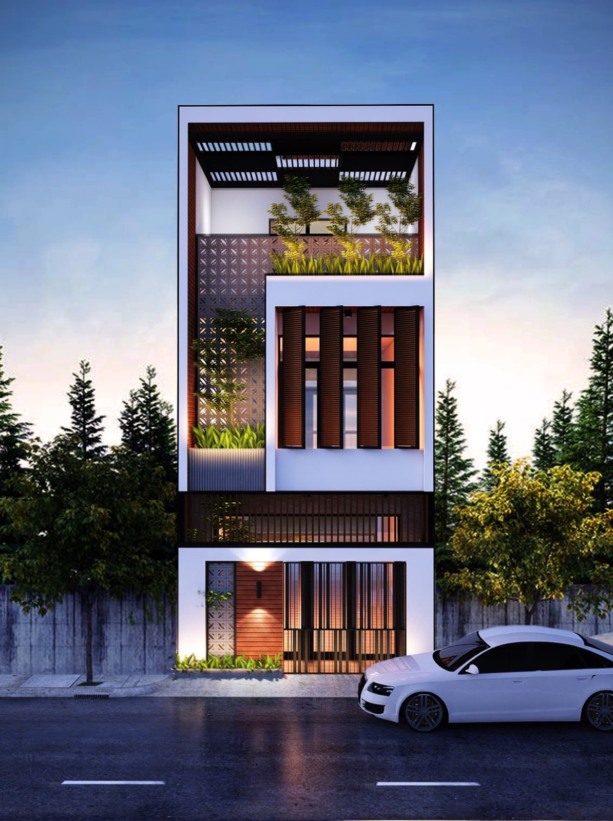 mẫu nhà phố mái tôn 3 tầng Tận dụng không gian để thiết kế thêm gara ô tô
