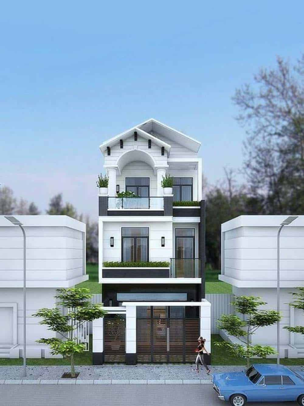 Tổng thể mẫu nhà phố mái tôn 3 tầng sẽ ưu tiên sử dụng gam màu trắng