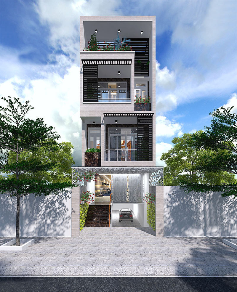 Với thiết kế kiến trúc mẫu nhà phố mặt tiền 3.5m 1 tầng trệt 4 lầu mái thái
