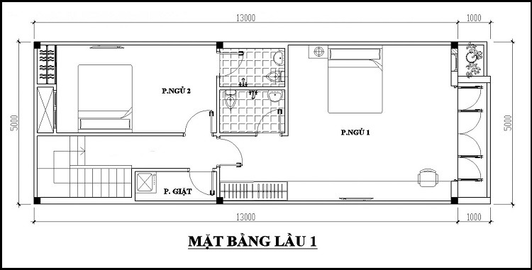 Bản vẽ tầng 2 bao gồm có 2 phòng ngủ và 1 phòng giặt