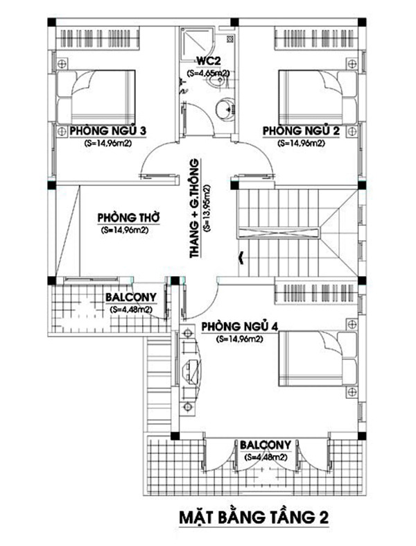 Mặt bằng công năng tầng 2 mẫu nhà phố có mặt tiền 8m 2 tầng bao gồm 4 phòng ngủ