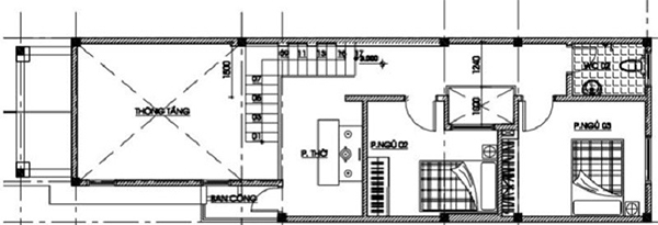 Tầng 2 của mẫu nhà ống 1 tầng rưỡi đẹp mái chéo 3 phòng ngủ