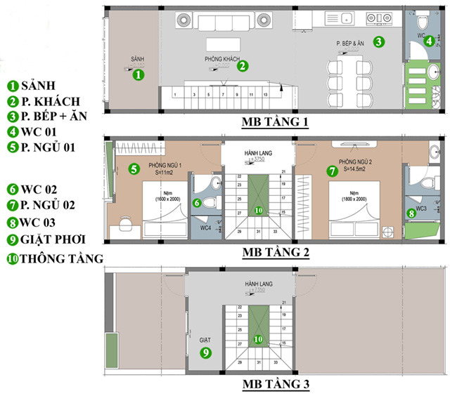 Mặt bằng tầng 1, 2 và tầng tum nhà ống 2 tầng 1 tum 3 phòng ngủ có không gian xanh mát