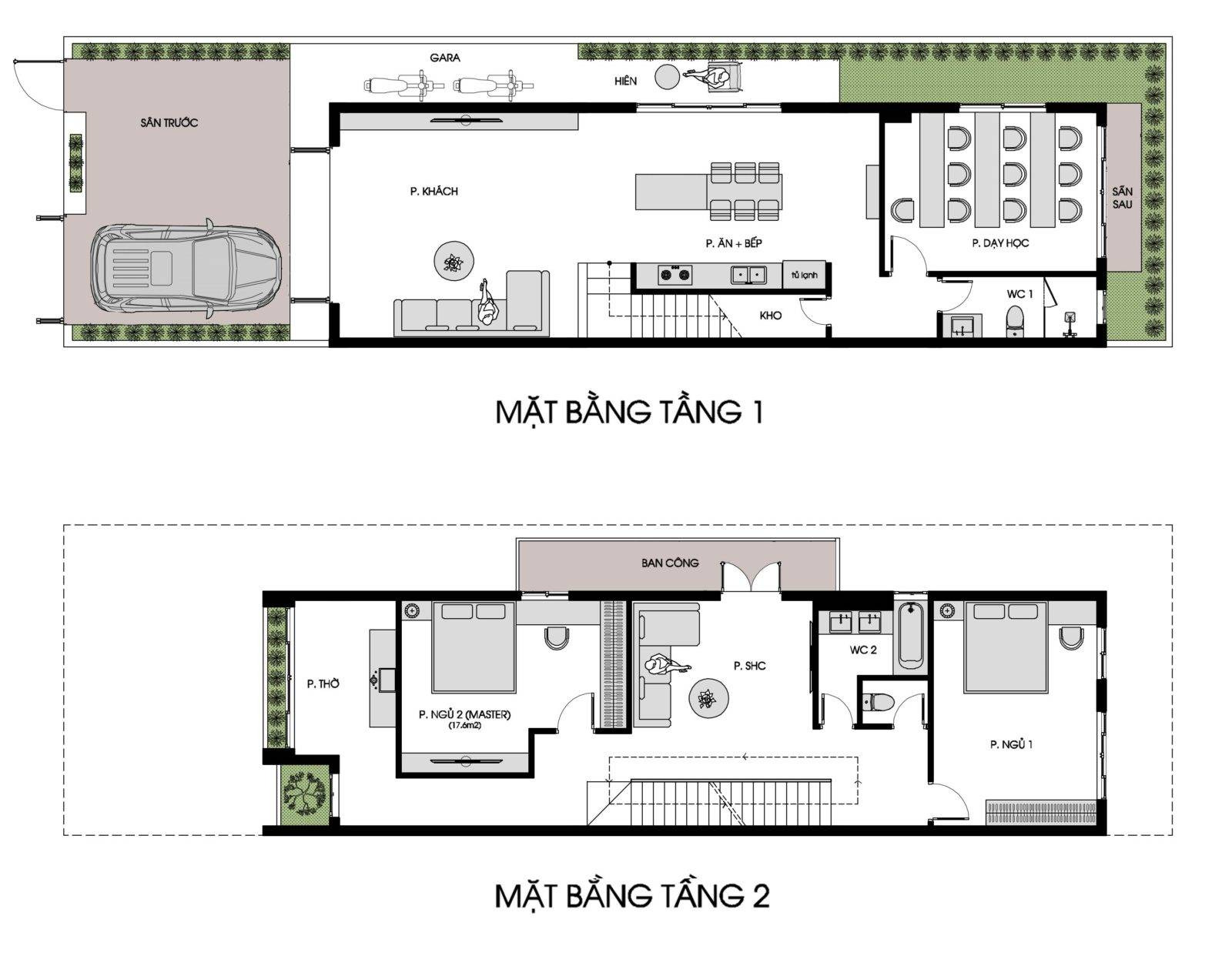Mặt bằng tầng 1 và tầng 2 nhà ống 2 tầng 1 tum 3 phòng ngủ mang phong cách trẻ trung