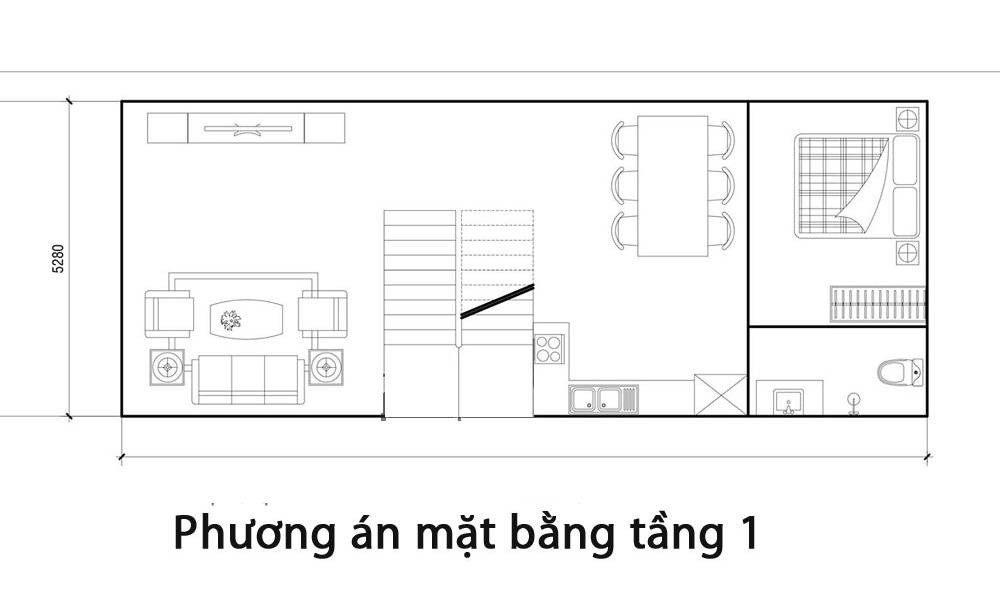 Bản vẽ tầng trệt nhà ống 2 tầng 1 tum 4 phòng ngủ phong cách mới mẻ.