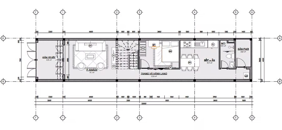 Thiết kế tầng 1 nhà ống kết cấu 2 tầng 4 phòng ngủ có giếng trời