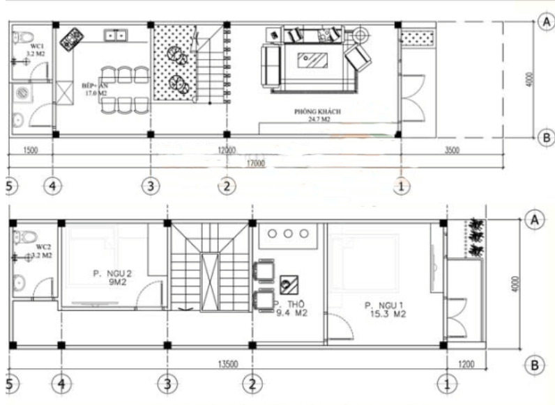 Bản vẽ thiết kế mặt bằng của nhà ống kiểu pháp 2 tầng 2 phòng ngủ