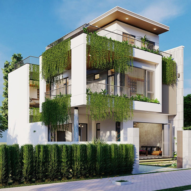 Thiết kế nhà phố 1 trệt 2 lầu mái bằng trồng nhiều cây xanh, gần gũi với thiên nhiên