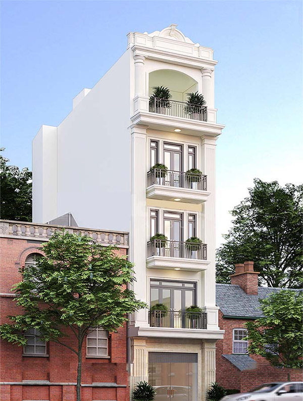 Nhà phố tân cổ điển 5 tầng với thiết kế mái Mansard lựa chọn tone trắng chủ đạo