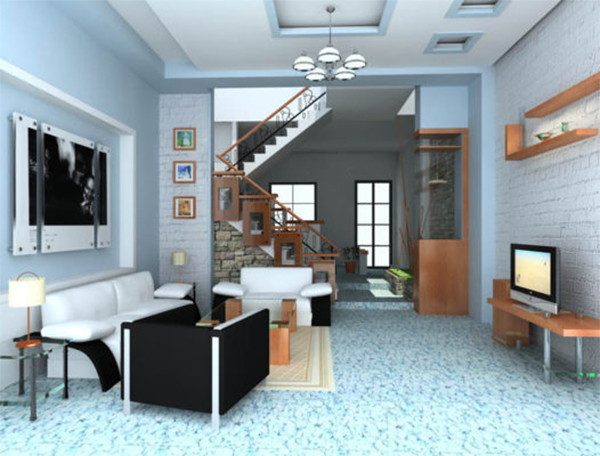 Hệ trần thạch cao phòng khách màu xanh dương tối giản