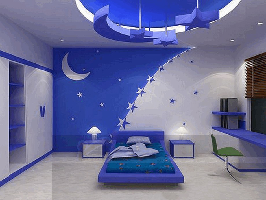 Mẫu trần thạch cao phòng ngủ bé trai với họa tiết mặt trăng và ngôi sao