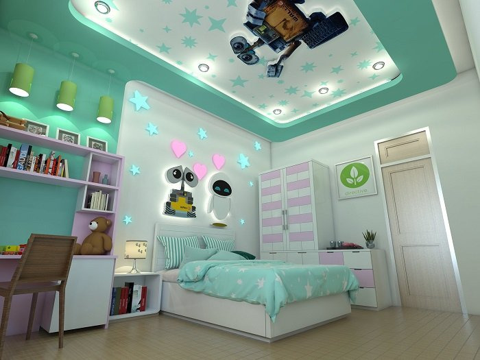Mẫu trần thạch cao phòng ngủ trẻ em sử dụng họa tiết hoạt hình Wall-E dễ thương