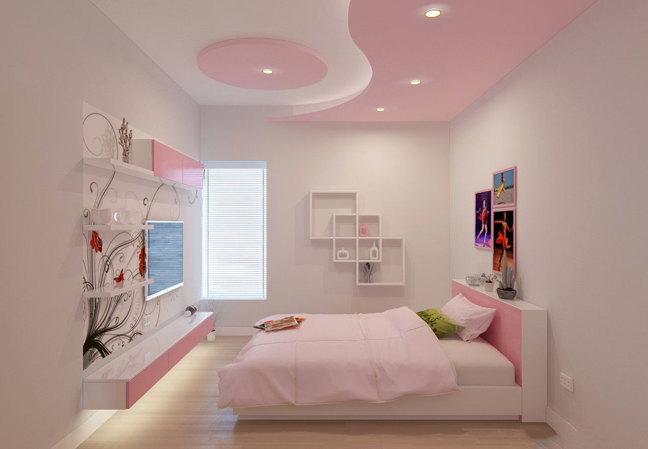Phòng ngủ bé gái dùng trần thạch cao sắc hồng nữ tính