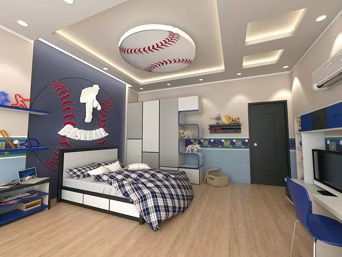 Phòng ngủ bé trai dùng trần thạch cao họa tiết bóng chày