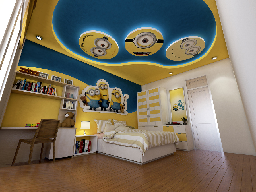 Phòng ngủ trẻ em dùng trần thạch cao họa tiết Minion đáng yêu
