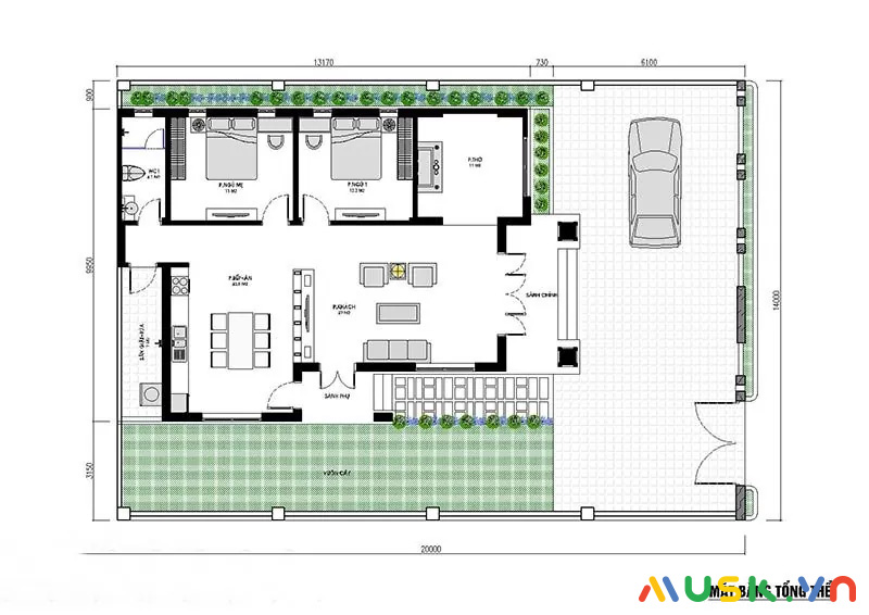 Bản vẽ nhà cấp 4 có 2 phòng ngủ mái thái đẹp xinh xinh anh Nam T06/2022