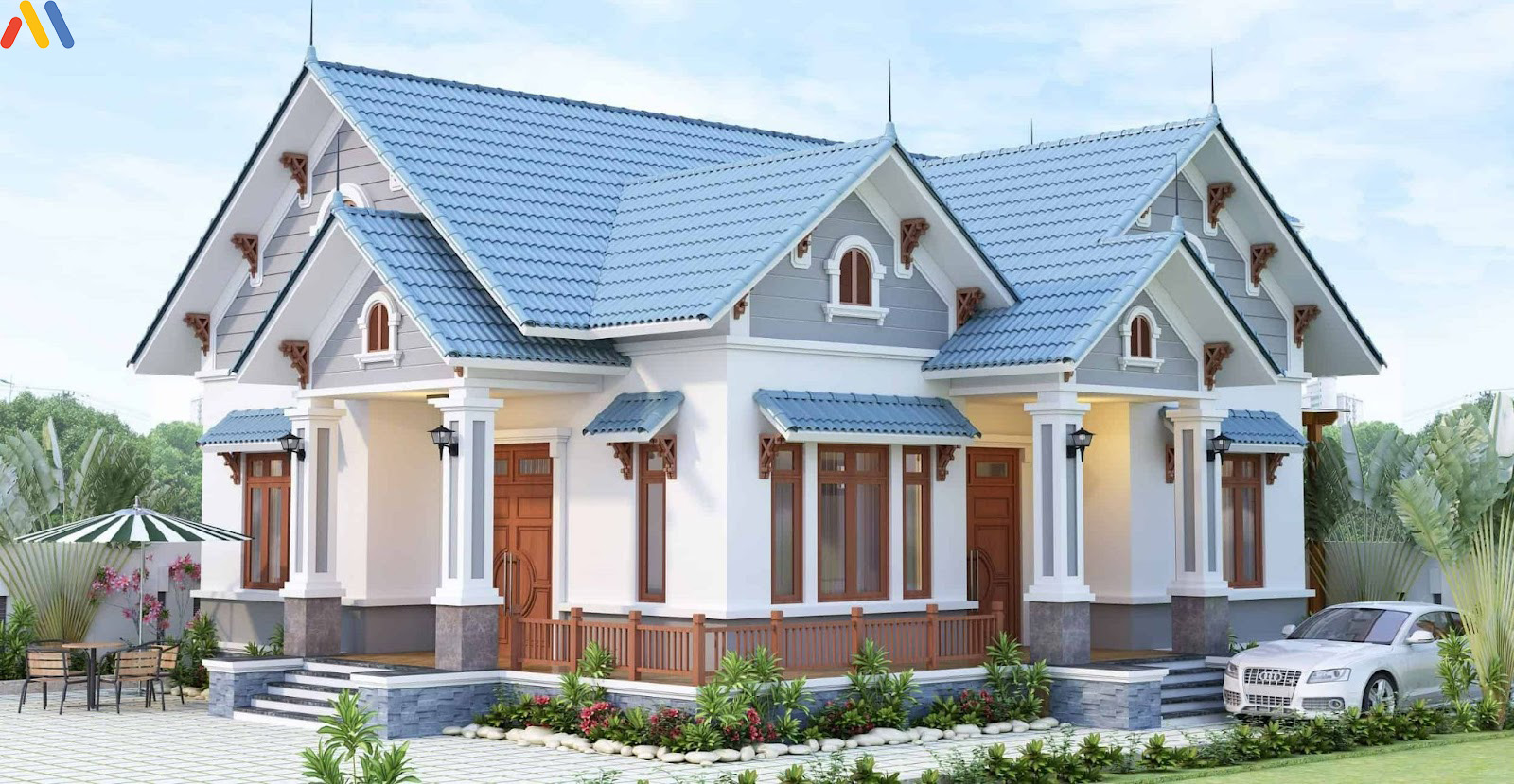 Mẫu biệt thự mái Thái đẹp hoàn mỹ với tông màu xanh dương.