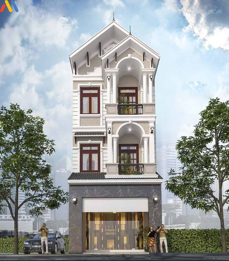 Mẫu nhà phố 3 tầng, mặt tiền 4m theo phong cách tân cổ điển kết hợp mái Thái.