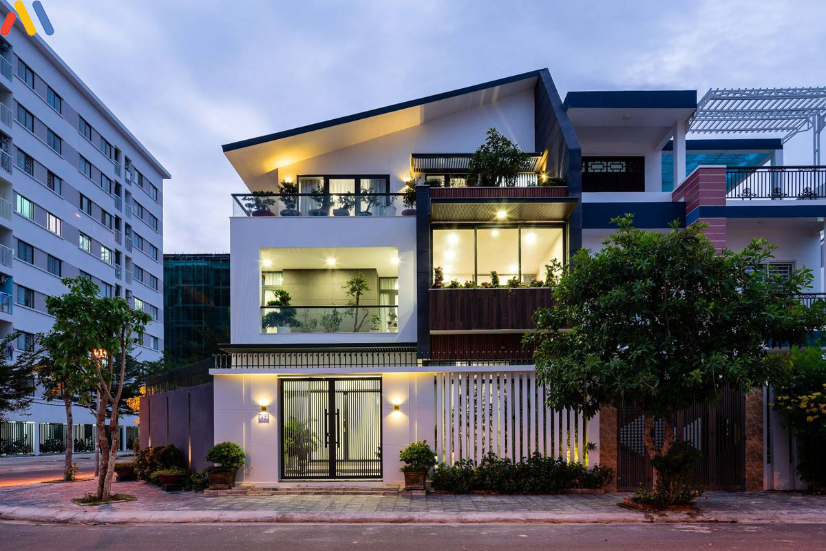 mẫu thiết kế nhà biệt thự đẹp 3 tầng mái lệch với phong cách hiện đại đẹp hoàn mỹ.