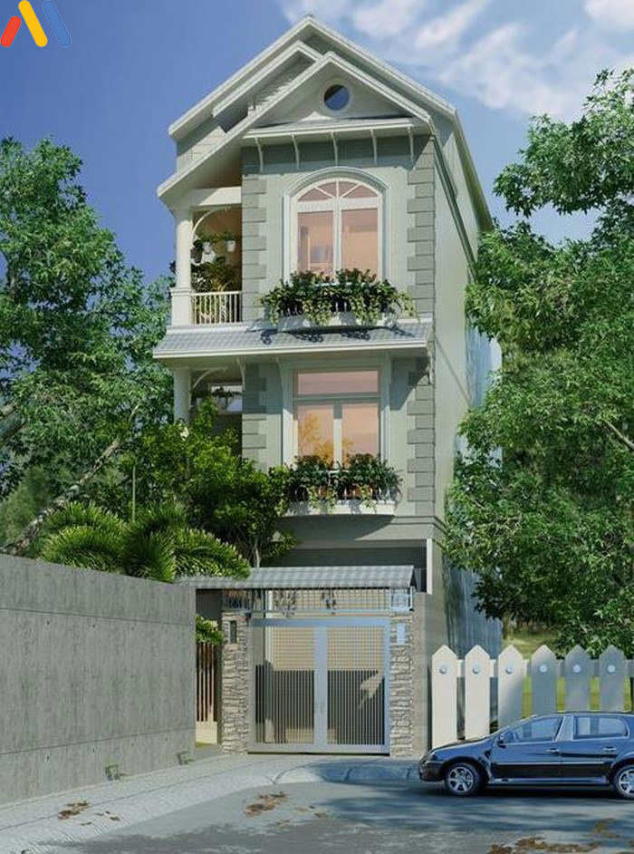 mẫu thiết kế nhà phố 3 tầng đẹp mái Thái với tông màu xanh xám cực độc đáo.