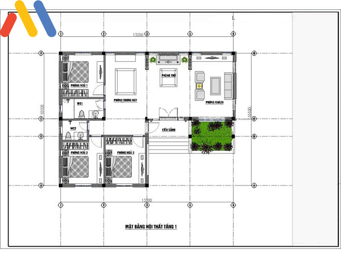 Thiết kế bản vẽ chi tiết nhà cấp 4 120m2 hình chữ l 3 phòng ngủ mặt ti