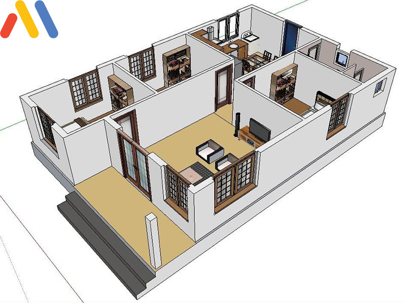 Bản vẽ 3D nhà cấp 4 3 phòng ngủ