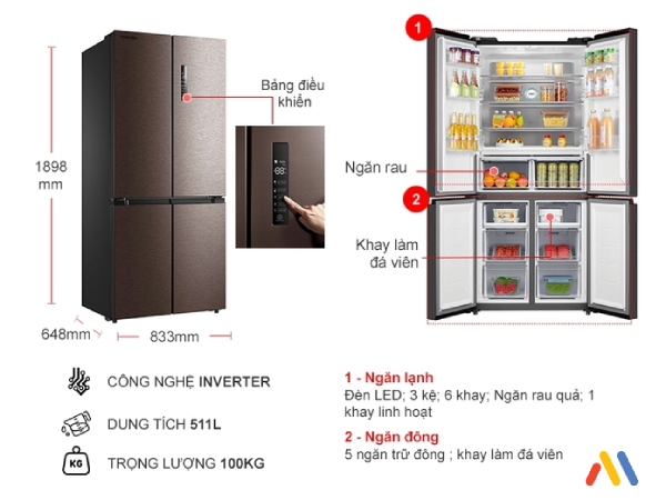Kích thước tủ lạnh 4 cánh Toshiba