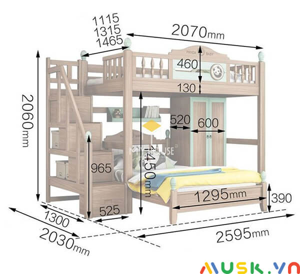 kích thước giường gỗ tầng