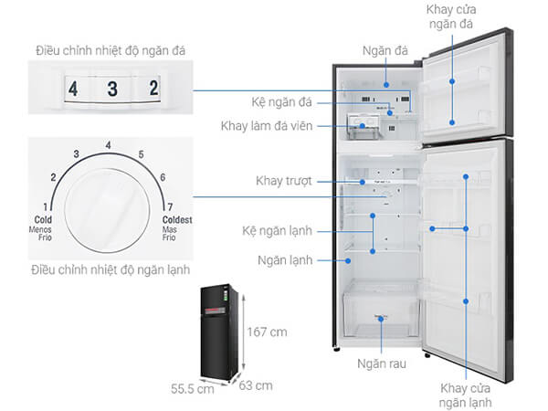 Kích thước tủ lạnh 2 cánh LG Inverter 255l GN – M255BL