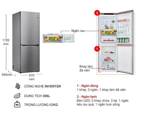 Kích thước tủ lạnh 2 cánh LG Inverter 306l GR-B305PS