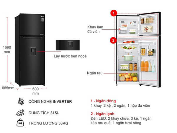 Kích thước tủ lạnh 2 cánh LG Inverter 315l GN – D315BL