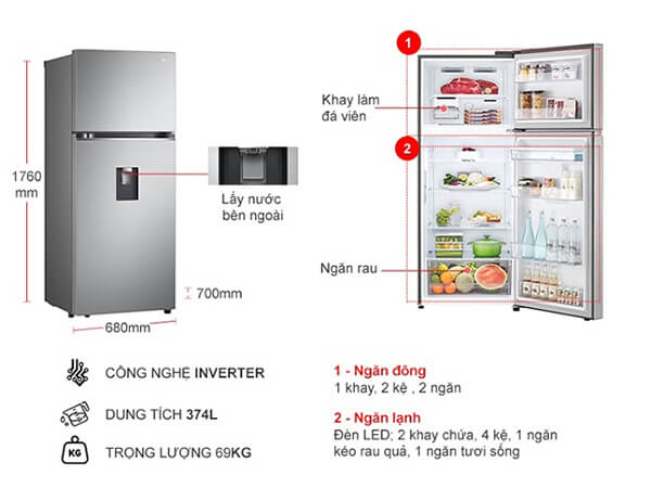 Kích thước tủ lạnh 2 cánh LG Inverter 374l GN-D372PS