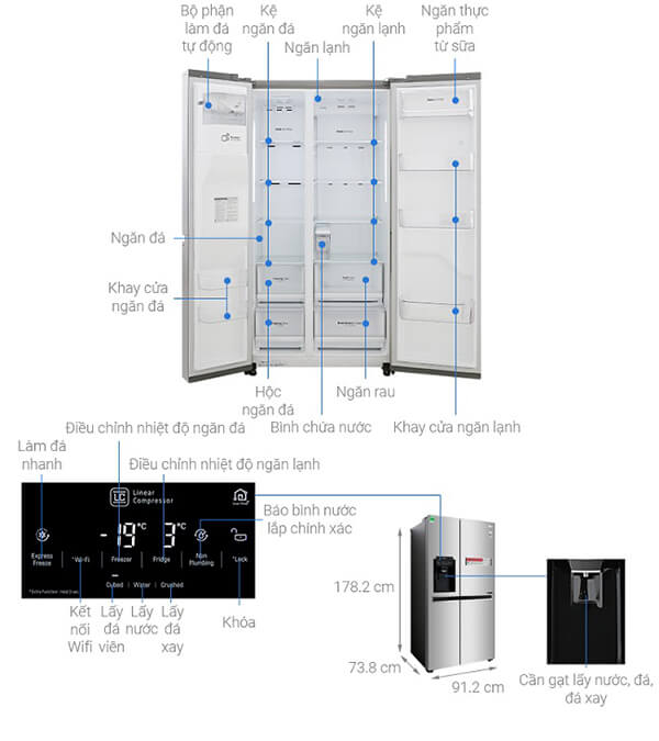 Kích thước tủ lạnh 2 cánh LG Inverter 601 lít GR-D247JDS