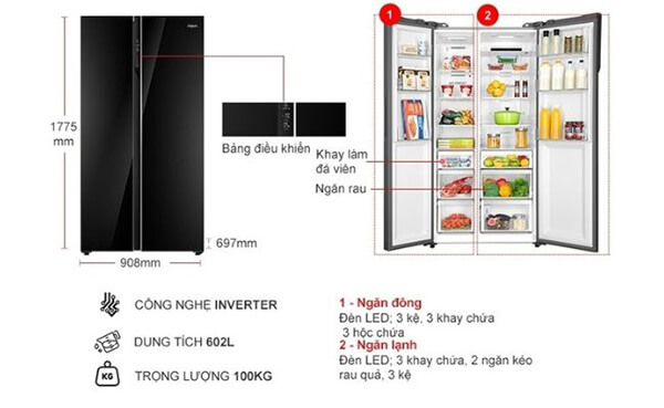 Kích thước tủ lạnh 2 cánh Aqua Inverter AQR-IG696FS (GB) 602 Lít