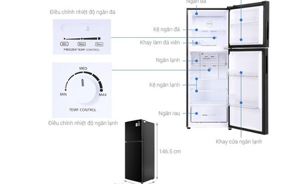 Kích thước tủ lạnh 2 cánh Aqua Inverter AQR-T238FA(FB) 211 lít