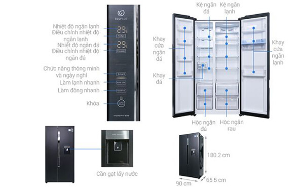 Kích thước tủ lạnh Aqua Inverter AQR-I565AS BS 510 lít