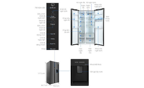 Kích thước tủ lạnh Aqua Inverter AQR-SW541XA(BL) 524 lít