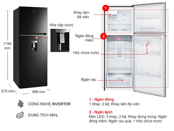 Kích thước tủ lạnh 2 cánh Electrolux Inverter UltimateTaste 300 341L