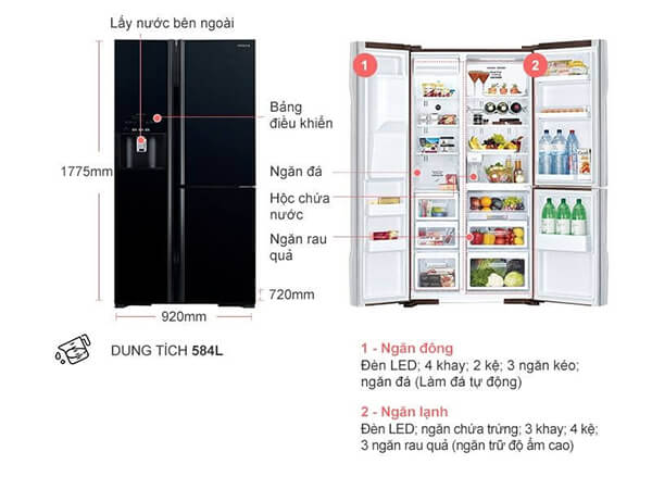 Kích thước tủ lạnh 2 cánh đứng Hitachi SBS R-FS800GPGV2 GBK