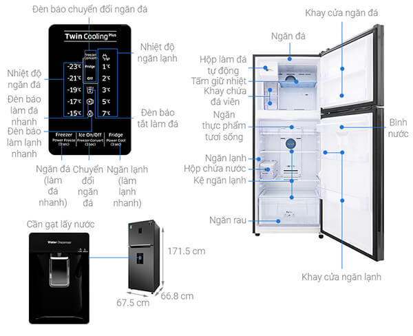 Kích thước của tủ lạnh 2 cánh Samsun Inverter 360 lít RT35K5982BS/SV