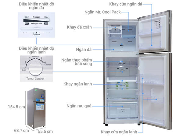 Kích thước của tủ lạnh 2 cánh Samsung Inverter 234 lít RT22FARBDSA/SV