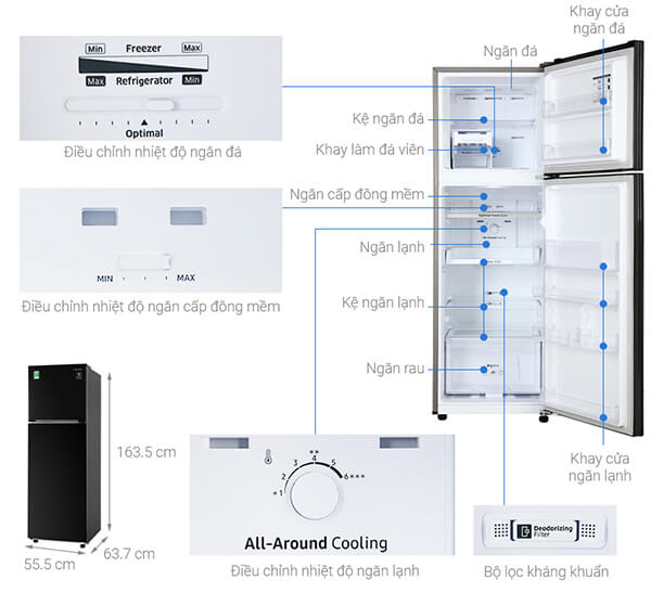 Kích thước của tủ lạnh 2 cánh Samsung Inverter 256 lít RT25M4032BU/SV
