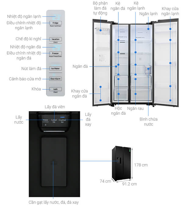 Kích thước của tủ lạnh 2 cánh Samsung Samsung RS64R53012C/SV Inverter 635L