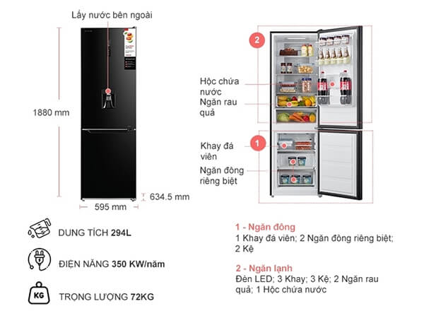 Kích thước tủ lạnh 2 cánh Toshiba GR-RB385WE-PMV(30)-BS Inverter