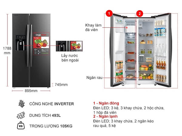 Kích thước tủ lạnh 2 cánh Toshiba Inverter GR-RS637WE
