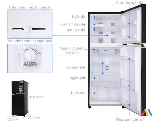 Kích thước tủ lạnh Panasonic 188 lít 