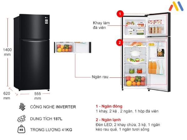 Kích thước tủ lạnh LG GN-L205WB