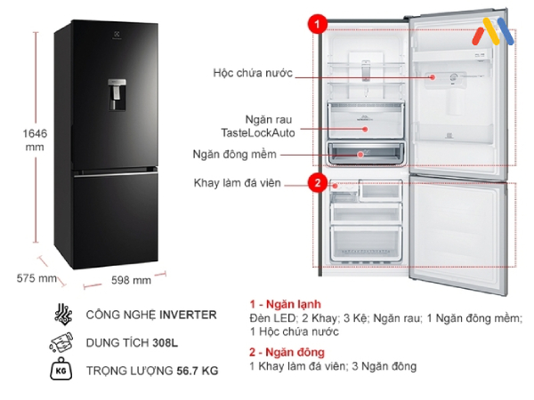 kích thước tủ lạnh tủ lạnh 2 cánh samsung màu đen