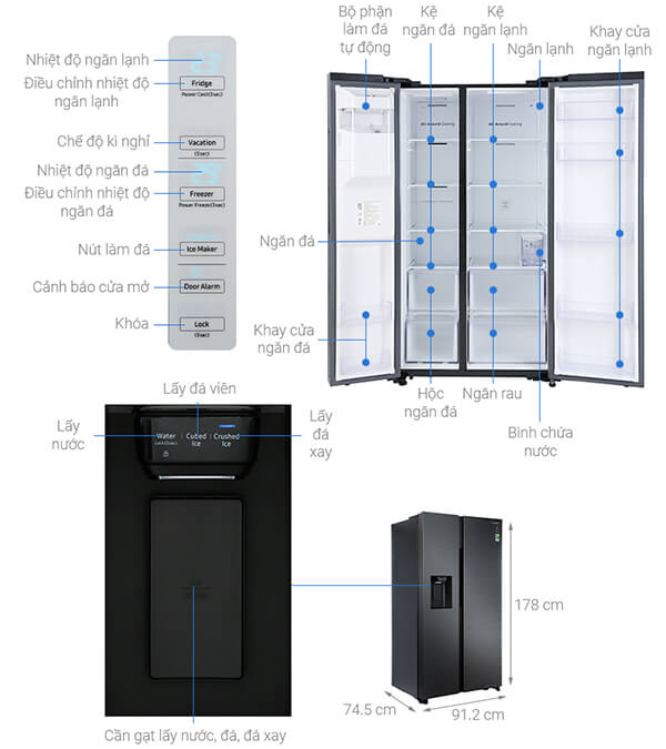 Kích thước tủ lạnh Side by Side Samsung Inverter 617 lít RS64R5301B4/Sv