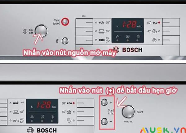 hướng dẫn sử dụng máy rửa bát bosch sms63l08ea: Cách cài đặt hẹn giờ cho máy rửa bát Bosch SMS63L08EA